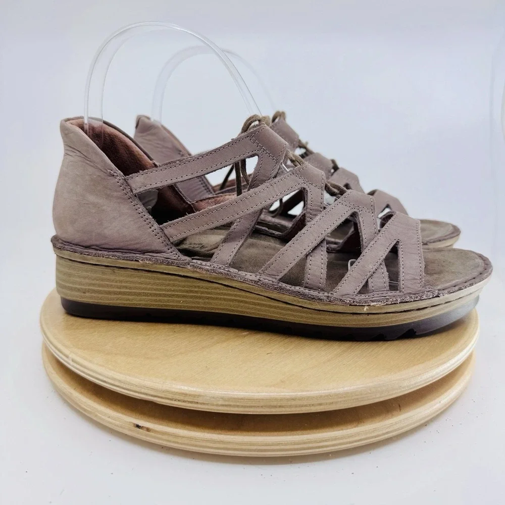 Naot Leather Yarrow Wedge Comfort Sandal Womens 6 37 Gladiator Shoes Lace Gray